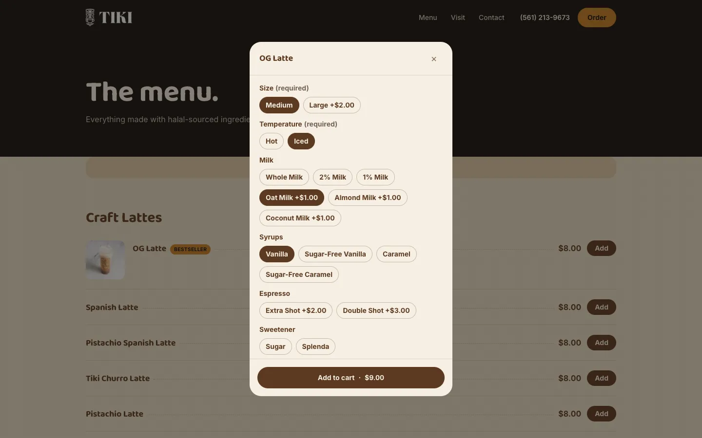 The tikiboca.com menu page, with a drink's options open