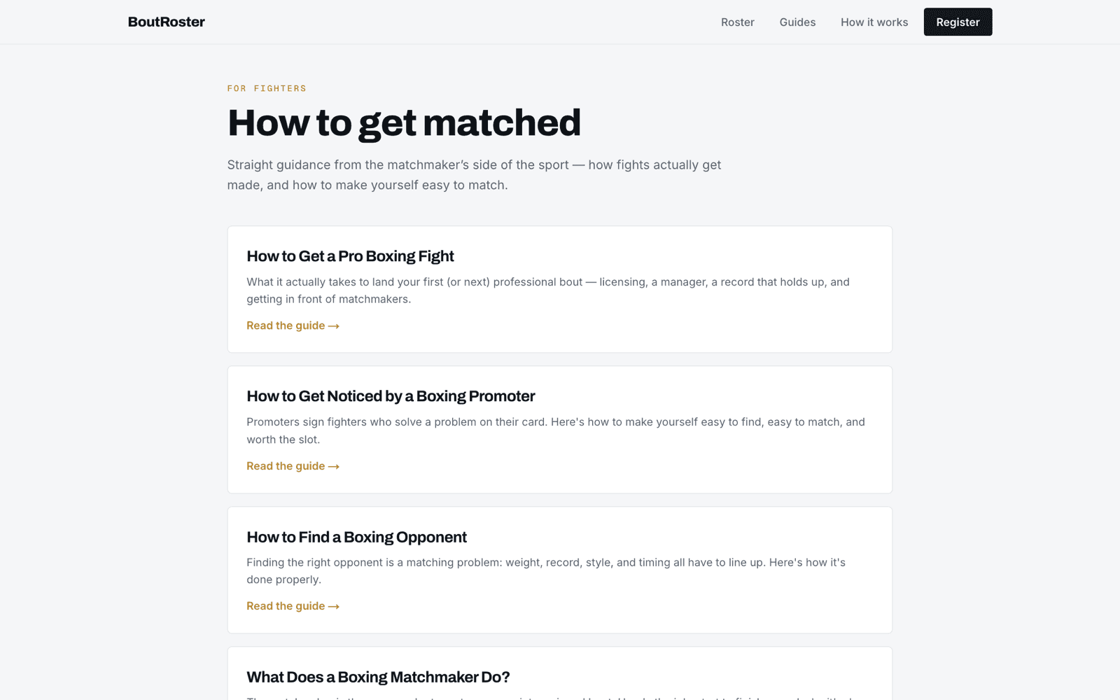 The BoutRoster guides page, listing articles on how fights get made.